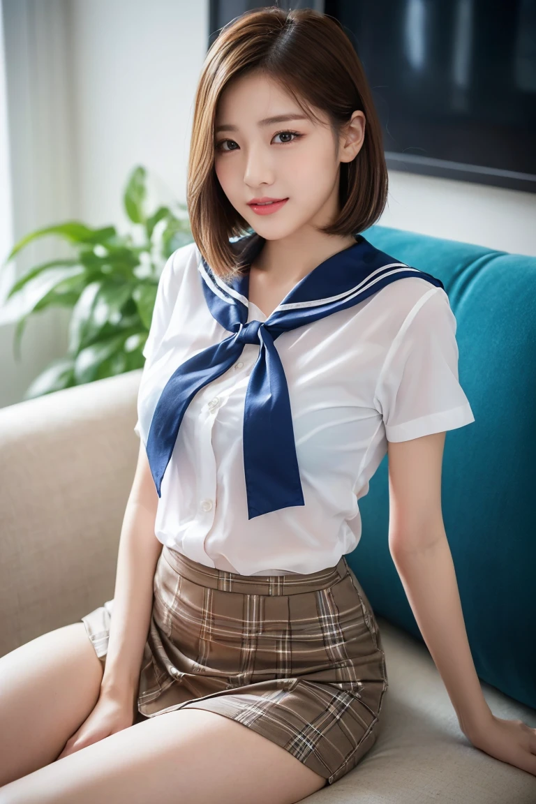 (A stunning Japanese-Korean lady, sitting with legs crossed, laying back comfortably in sofa at night, alluring pose, wearing a traditional Serafuku, Seifuku, tight white shirt, white blouse button-down, translucent short-sleeve, navy-blue plaid skirt, blue form-fitting pleated skirt, red ribbon bow tie, sailor collar, youthful charms, smooth complexion, beautiful detailed face, beautiful detailed eyes and lips, long eyelashes, slender figure, perfect body proportion, friendly expression, snaggletooth, cute dimples, kind smile, pinkish hair, short straight hair, side ponytail, Bob, Curved in Blunt Bob, Asymmetrical Bob, confident & poised demeanor, Looking at viewer, 

Blurred background, Bokeh effect, ultra-detailed,
(best quality, 4k, 8k, high-resolution), 
(masterpiece:1.28), award-winning,
(realistic, photorealistic, photo-realistic:1.37),
HDR, UHD, studio lighting, ultra-fine painting,
sharp focus, physically-based rendering, extreme detail description, professional photography, vivid colors, SFW, Safe for Work, Cowboy Shot, Close-up Shot, High Angle Shot, Selfie, Selca, from side)