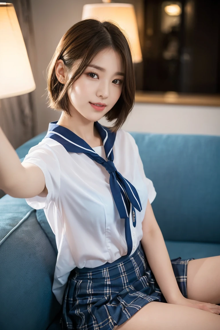 (​masterpiece、top-quality:1.2), 超A high resolution, (Photorealsitic:1.4), Detailed skin, lighting like a movie, friendly, Intelligent, Conversational Engaging, Happiness, cordial, Energetic, jolly, Created, Glowing eyes and infectious smile, Cute teenage girl, NSFW, School uniform, Very small bust, exposed breast, show nipple, Show abs, a short skirt, The best smile, provocative smiling, see the beholder, Facing the front, Open your legs, Crowded cafes, bobhair