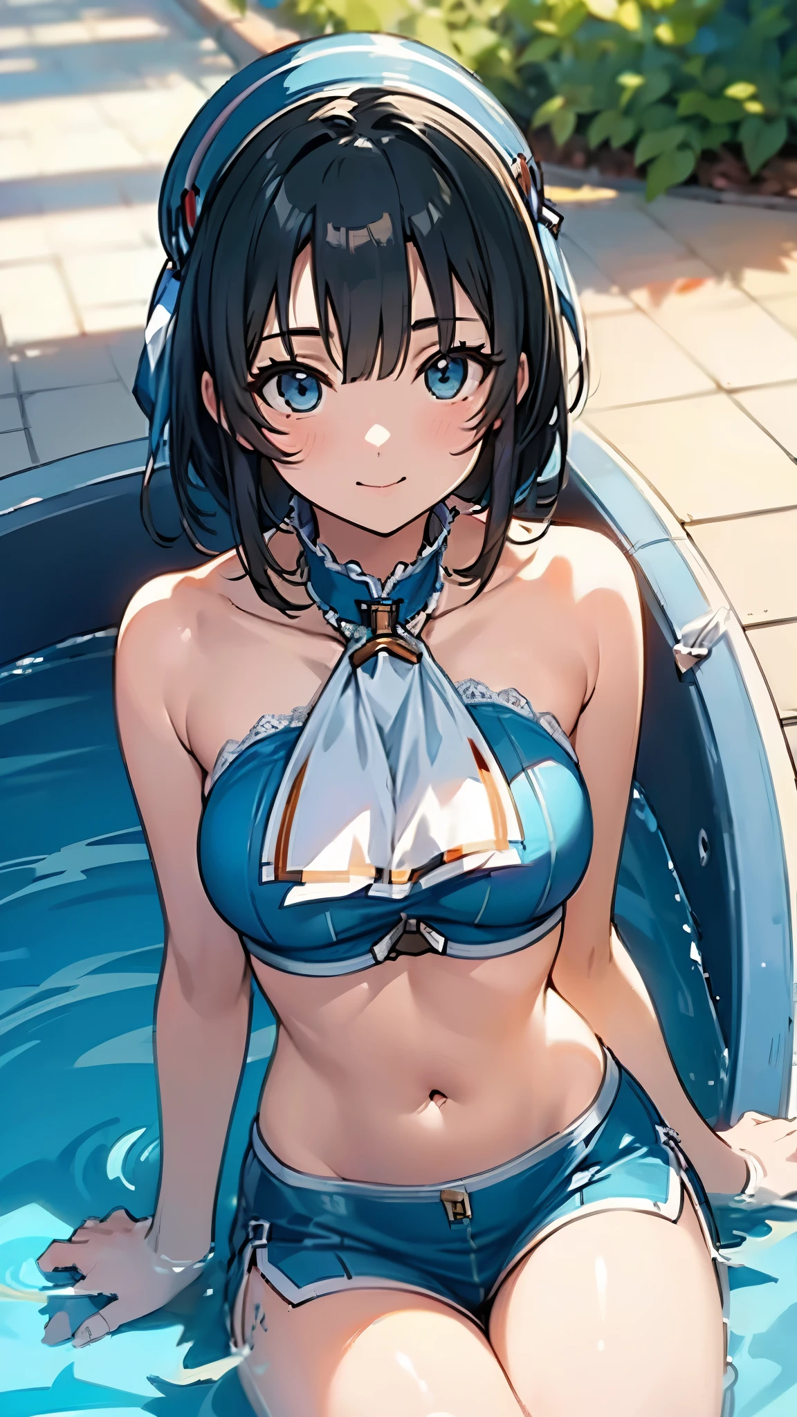 (((masterpiece))),((( high definition )))、((( perfect face)))、(((Takao Kancolle )))、Age 25、((( beautiful face)))、((( tube top ))), big 、(( high quality eyes )),  detailed texture, (( high definition 顔)), Sexy smile, At the pool,  short hair
