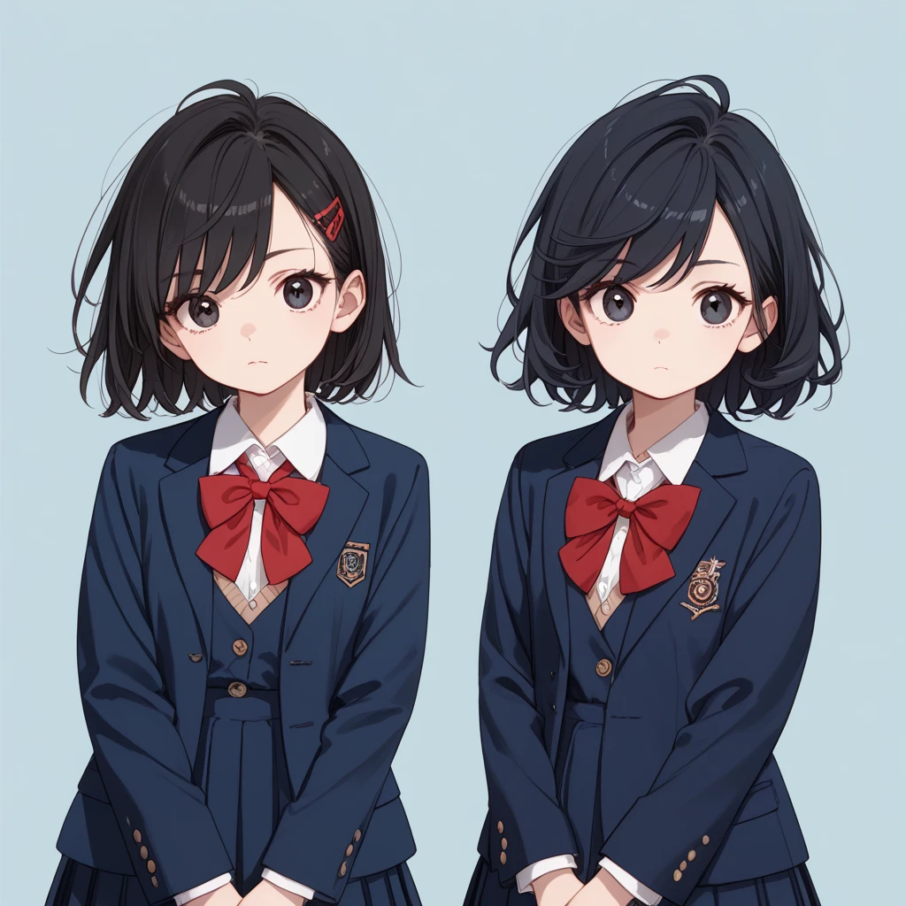   top quality, (15yo:1.0),  black hair, bright hair, medium wolf cut hair, swept bangs, school uniform, Unbreakable fingers,  top qualityの指,  closed mouth, Dark Eyes,  blazer, Navy blue clothes,  Red Ribbons , ish, Round eyes, School,