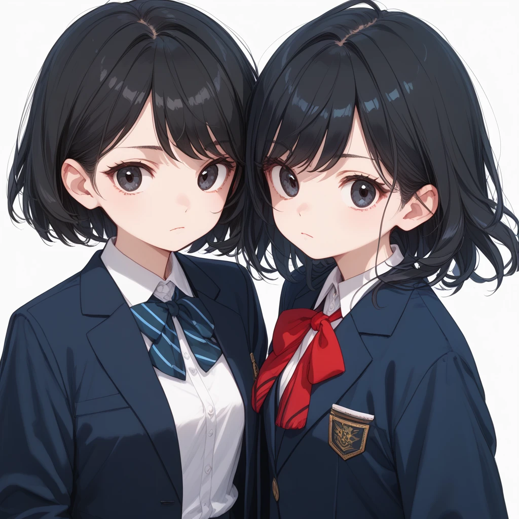   top quality, (15yo:1.0),  black hair, bright hair, medium wolf cut hair, swept bangs, school uniform, Unbreakable fingers,  top qualityの指,  closed mouth, Dark Eyes,  blazer, Navy blue clothes,  Red Ribbons , ish, Round eyes, School,