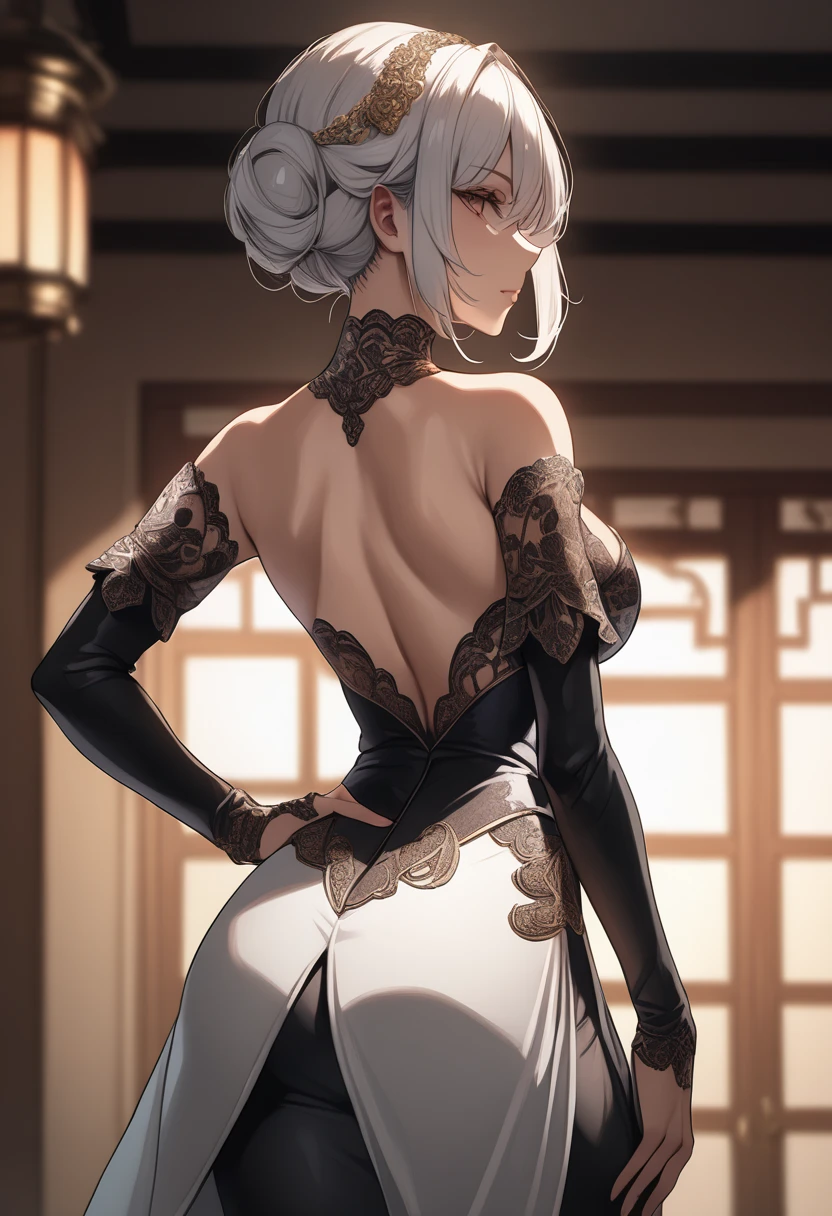 HD image, 4k,  High resolution, 2b, elegant pose,  Pose with her back ,  thin waist , detailed waist,  big boobs, ojos detallados,  detailed hair ,  detailed full body , detailed thighs, detailed hands,  hands on hips ,  well-lit room outfit, Light 