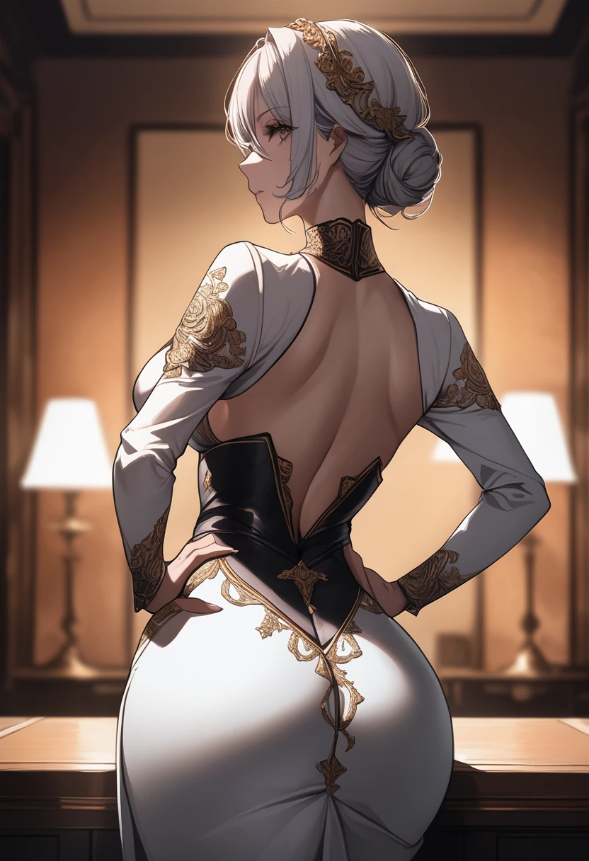 HD image, 4k,  High resolution, 2b, elegant pose,  Pose with her back ,  thin waist , detailed waist,  big boobs, ojos detallados,  detailed hair ,  detailed full body , detailed thighs, detailed hands,  hands on hips ,  well-lit room outfit, Light 