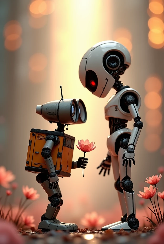 A futuristic and emotional scene of two robots in love. The first robot is a small, boyish robot with a design inspired by Wall-E, holding a flower behind its back while nervously trying to express its feelings. The second robot is a cute, feminine robot with a sleek and charming appearance, standing gracefully and looking curious but unaware of the boy robot's emotions. The setting is a soft, dreamy, futuristic landscape, with warm, glowing lights and subtle romantic tones that evoke the feeling of unspoken love.