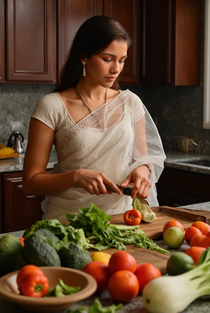 1girl, sexy, 35 years old Indian woman, (mature woman:1.3, middle aged bhabhi,cutting vegetables in kitchen, (freckles:0.2), kitchen, detailed background, indoor, hires, (photorealistic:1.4), wide shot, full body photo, wearing transparent saree, ((full saree)), beautiful fluffy saree, thick curvy aunty, highly detailed, hyper realistic, traditional colourful saree, wind blowing, big chest, dusky skin, most beautiful woman, sexy body, sexy eyes nose lips,seductive face, superb lighting, shot from above, shot from some distance, wide angle view