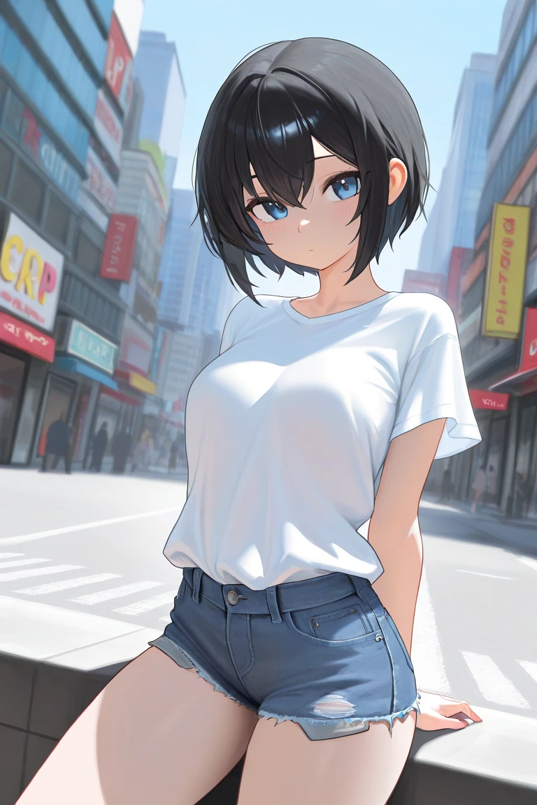 1girl, short black hair, blue eyes, wearing plain white shirt, denim shorts, city, absurdres, high res, ultrasharp, 8K, masterpiece, looking at viewer, nsfw