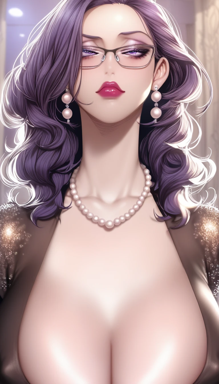 Hot Kim mi jung, long pearl earrings, lipstick, violet hair,big sagging breasts, cleavage , wavy straight hair,makeup,navel, eyeliner, eyeshadow, detailed art style,long jewellery, multiple necklace,long necklace,bangles, accessories ,navel , violet eyes, glasses , black tight sequin  dress, nipple bulge 