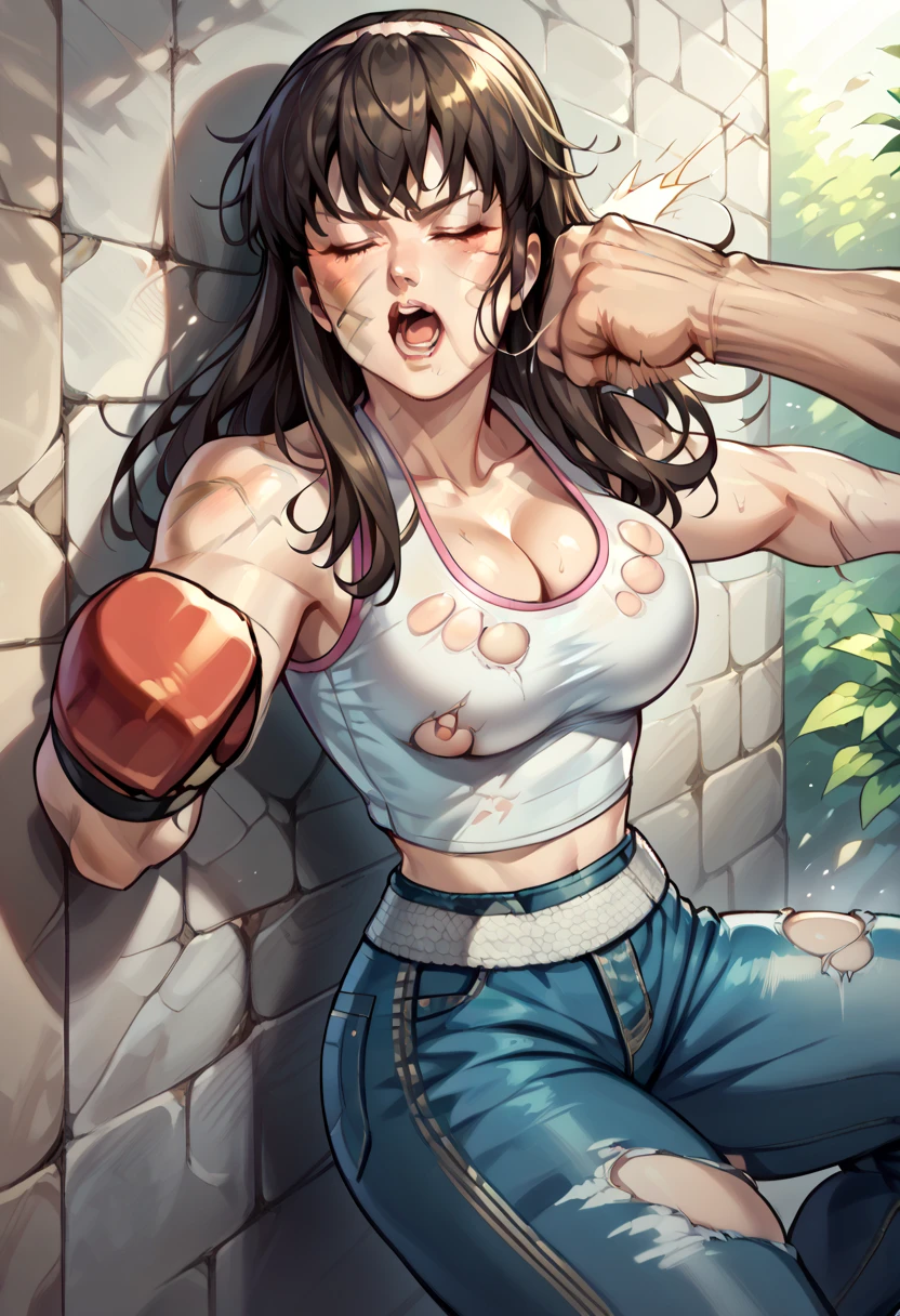 ((solo)),portrait,pov,(1girl),nsfw, (High quality, Ultra detailed, best quality, insanely detailed, beautiful),8K,anime,toxic art,(((she is brutally knocked on the face:1.3))), (((monstrous men punching her cheek:1.2))), (((knocked in the face))), (((assaulted))), pain, (((her cheek is deformed by the violent impact:1.3))), (her chin is deformed by the impact),(((strangled woman view:1.17))), (scratch on face or breast),(Are Are crying, Weak and tired eyes, tears: 1.2),( Bruises or blood on the face or body, Blood flowing from the head and face, Bodily injury or injury, Wounds and cuts, Bleeding lips: 1.2), (Tattered clothes: 1.2), Bloodstains on clothes,(((torn clothes))), (((exposed naked breasts))), (((fast strangling movement effect:1.2))),break,chun-li was the torture death match victim,sf2 chun,young,24yo,double bun, bun cover, China dress, Chai Pao, Blue clothes, Puffy sleeves, Brown pantyhose, White Belt, huge breasts,thick body,break,Arms tied,(breast bondage:1.3),shibari arms,bondage,(arms behind back:1.29),restraint rope,Sweaty body,tearsdrop,break,In the underground cage,Anatomically correct、Severe injuries to face and body、Ropes that dig into the body、Tied up with rope,meatshield style