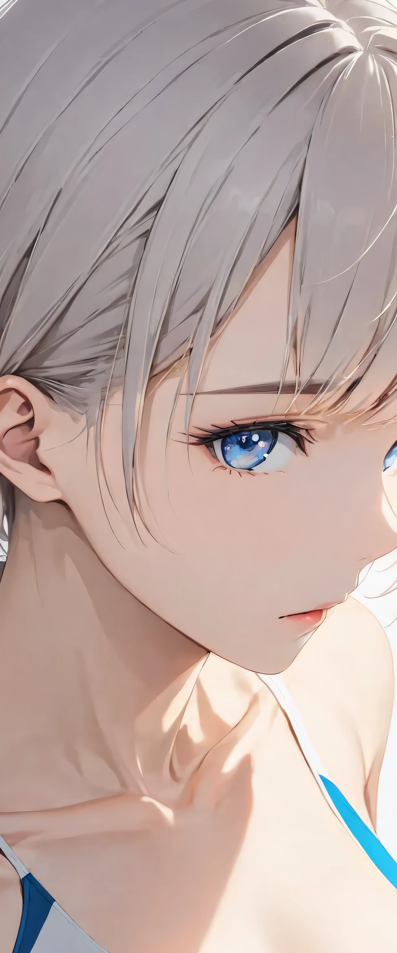 short, tousled light gray hair with a faint bluish tint, sleek and casual hairstyle with soft layers, (boyish and androgynous charm:1.5), calm and introspective young woman, symmetrical short front bangs (adjusted:1.5), clean and neat side (no long side bangs:1.5), layered long nape, crisp details, clear center part, low hair volume (natural:1.3), side undercut (minimal:1.2), short and clean back hair (enhanced:1.2), beautiful detailed face and smaller eyes (slightly reduced:0.6), pink lips (subtle:0.3), 2D anime style (2D anime style:1.3), sharp line art, flat shading, clean outlines, minimal texture, simple solid background, anime background, simple and elegant composition, cinematic lighting, minimal colors, perfect anatomy (perfect anatomy:1.3), (medium breasts:1.2), (Beautiful breasts:1.4), (tall, slender figure, proportions close to seven and a half heads tall:1.3), slim figure, long legs, (fit and toned legs:1.3), narrow waist, slim figure, slim thighs, fit and toned legs, slender hips, (beauty legs:1.1), nice hands, perfect hand, (Beautiful body:1.3), face shot (head and shoulders focus:1.5), camera angle focused on face, natural upper body pose, stable, centered torso, natural posing, relaxed expression, serene and gentle smile, symmetrical hairstyle, (Long lashes:1.3), Well-Defined Facial Features, (competition swimsuit:1.3)