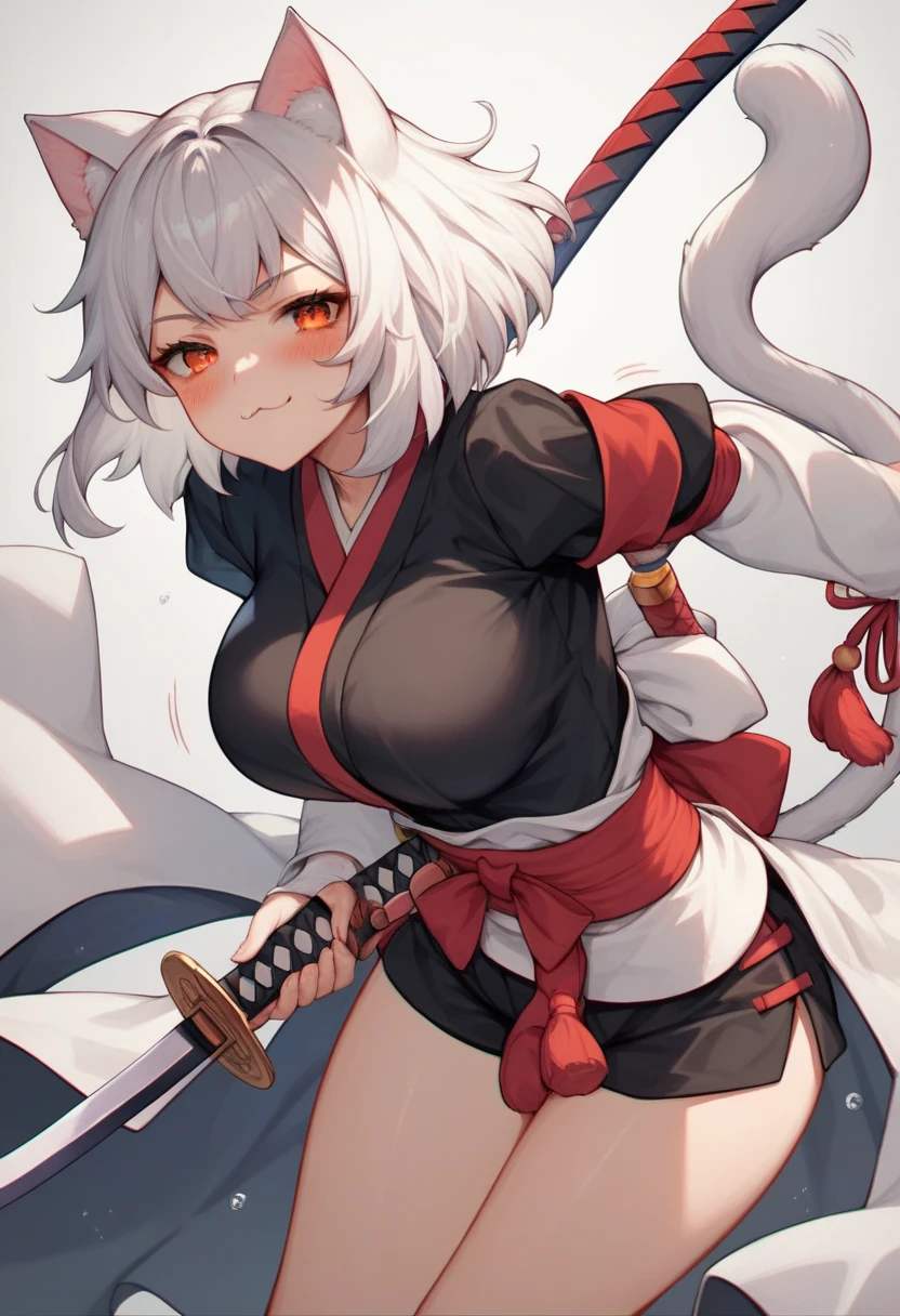 score_9, score_8_up, score_7_up, source_anime, best quality, clear face,samurai girl,white hair, orange eyes, medium hair, large breasts, perfect body, bending over, looking at opponent, cute smile, black shirt,black mini shorts, indoor,blushing,embrassed,red accessories on shirt,big boob,sexy pose,holding katana,legendary purple katana,cool,motion lines,lewd face,cat ears red,cat girl lewd face,white cat girl tail,falling