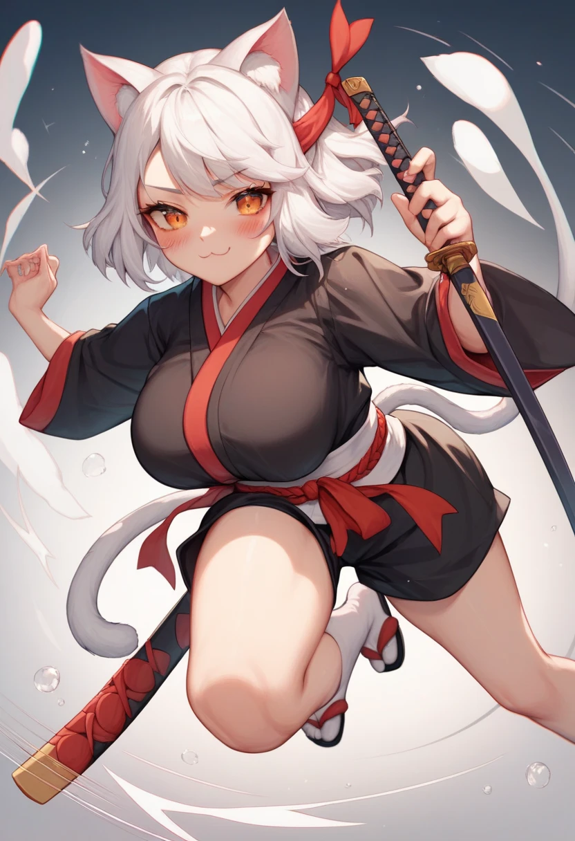 score_9, score_8_up, score_7_up, source_anime, best quality, clear face,samurai girl,white hair, orange eyes, medium hair, large breasts, perfect body, bending over, looking at opponent, cute smile, black shirt,black mini shorts, indoor,blushing,embrassed,red accessories on shirt,big boob,sexy pose,holding katana,legendary purple katana,cool,motion lines,lewd face,cat ears red,cat girl lewd face,white cat girl tail,falling