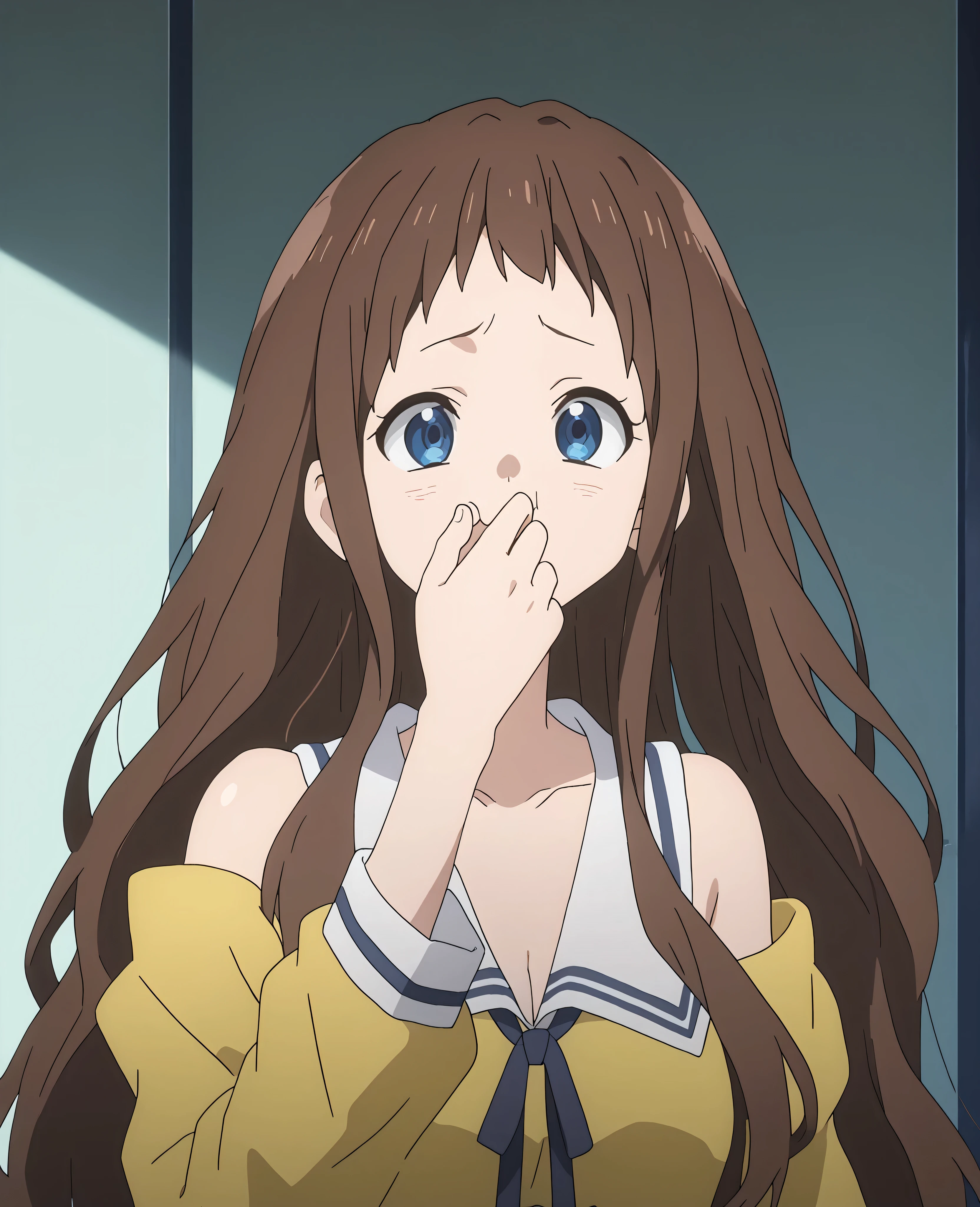 score_9, score_8_up, score_7_up, source_anime,
BREAK
1girl, solo, anime screencap, anime coloring,
Ai shindou, brown hair, long hair, blue eyes,
dress, bare shoulders, very long hair, collarbone, yellow costume, school uniform, cleavage, medium breasts,
selfnosepinch, covering_own_mouth, smell, steaming body, happy face, disgust smile, surprised, smell,