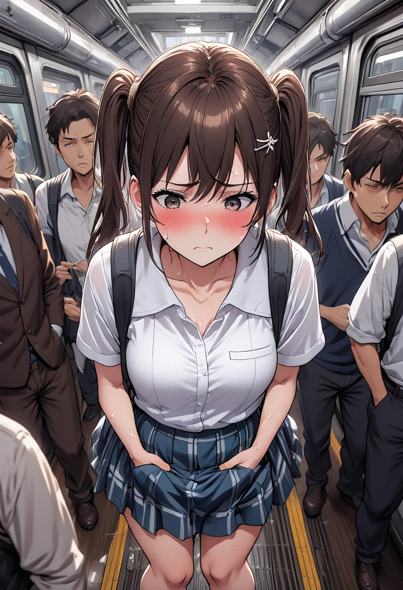 13 old, japanese school girl,dark brown hair,twintail,hair pin, at train ,perfect body,easy-going face,White shirt blouse,sweaty, plaid skirt,trouble,(ass grab), twin tail, blush、molested, anatomically correct, Japanese sound effects, grab her ass or breats, Crowded trains, heavy crowds, blushing, disgust, Anatomically correct depiction of details, can't move in the crowd, one scene, Convulsions, trembling, school bag,  Angle of view looking down from above, All around me are men,one cut,molested by front,wear a pantie,