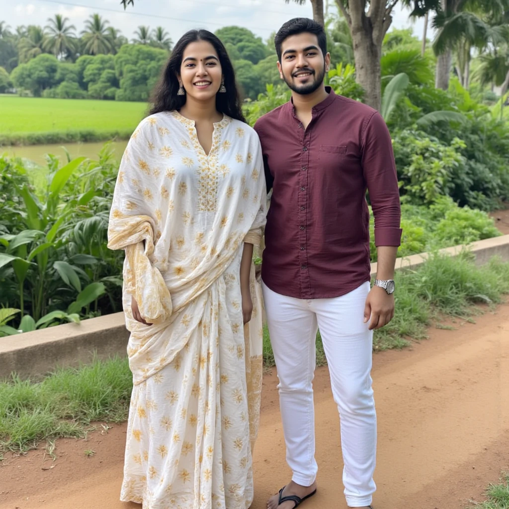 Photo of Kerala straight mallu couple.female with fair Indian skin tone and black long hair.curvy chubby body figure. Wearing kerala saree and male wearing meroon printed shirt and white pants in kerala outdoor. Full size photo. Detailed photo. Realistic photo. Photo taken in nikon camera.face looking straight.