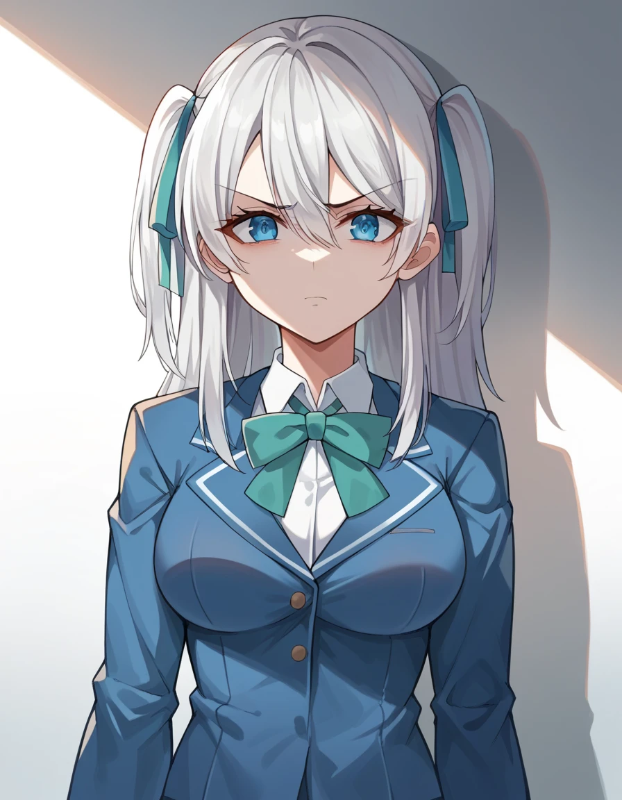 score_9, score_8_up, score_7_up,   source_Anime,    Alisa Mikhailovna Kujo  ,time々 and Alya next door is speaking softly in Russian,Alone,   long hair,    I can see my eyebrows through my hair,   hair between eyes,   Silver Hair, hair ribbon,   blue eyes, medium breasts,   school uniform,  Long Sleeve  ,   jacket,, two side up ,  Big Breasts,,   Disgust,    My clothes   , Shadow Face,   look down,  street,,   cowboy shot  , looking at viewer,   Dutch angle,  no panties,looking at viewer,  upper body