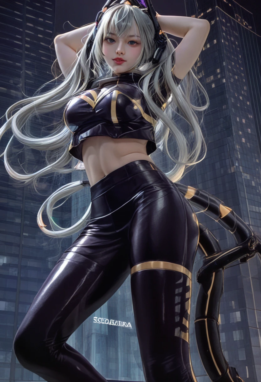 （I:P mascarena） 、Japanese cosplay woman、Dyed Silver Hair 、 High Quality 、 high image quality、masterpiece、（Big boobs sticking out of clothes、 accentuated cleavage ）、 downtown at night、 building standing on the edge、 sexy pose、