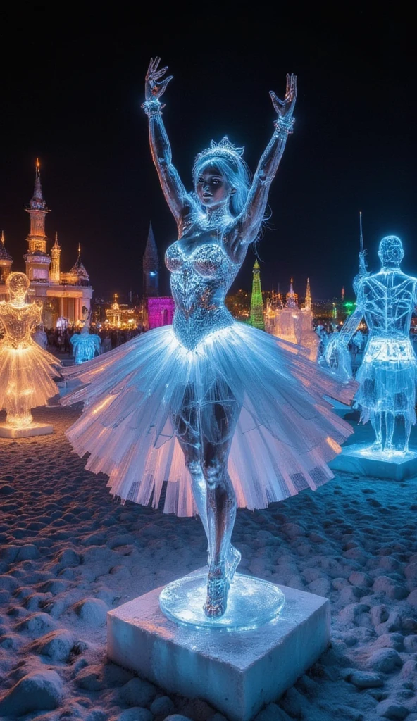 A giant ice sculpture of a ballerina shot from a low angle. It is shine with colorful light from below. It is displayed beautifully among other sculptures in the Harbin festival at night.