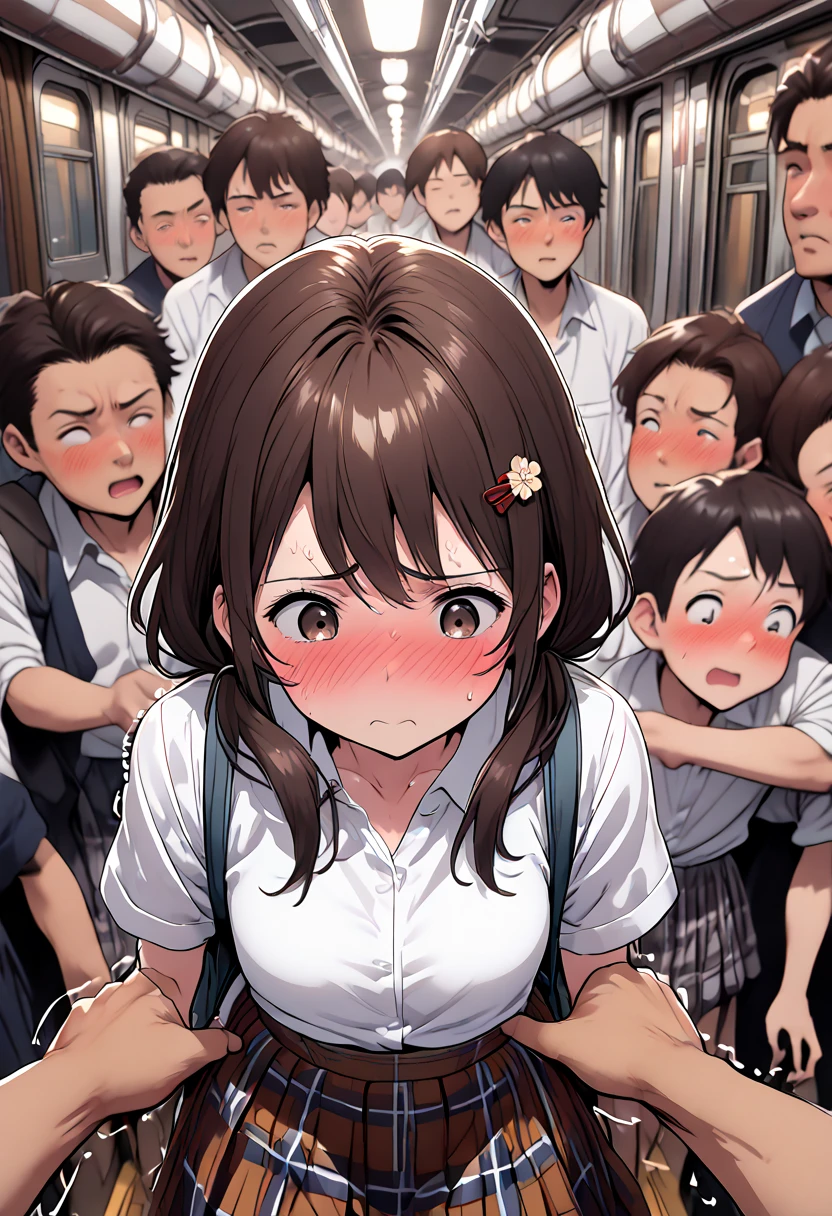 , japanese school girl,dark brown hair,twintail,hair pin, at train ,perfect body,easy-going face,White shirt blouse,sweaty, plaid skirt,trouble,(ass grab), twin tail, blush、molested, anatomically correct, Japanese sound effects, grab her ass or breats, Crowded trains, heavy crowds, blushing, disgust, Anatomically correct depiction of details, can't move in the crowd, one scene, Convulsions, trembling, school bag,  Angle of view looking down from above, All around me are men,one cut,molested by front,wear a pantie,