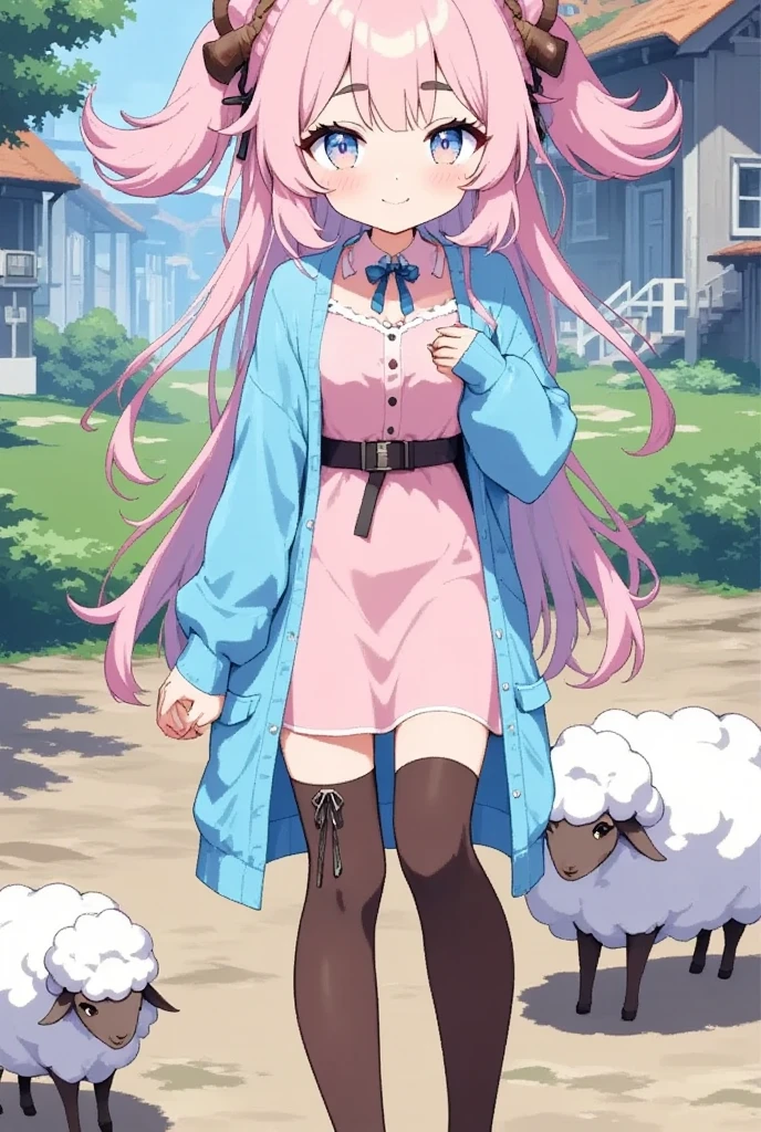 1girl,solo,cute,sheep girl,Pink and fluffy hair,thick eyebrows,large breasts
,BREAK animal ears,goat ears,blue eyes,Beautiful eyes,Thick eyebrows:1.4,embarrassed,full-face blush
,BREAK pink dress,sky blue cardigan,over-kneehighs,brown boots
,BREAK hands on own face
,BREAK village