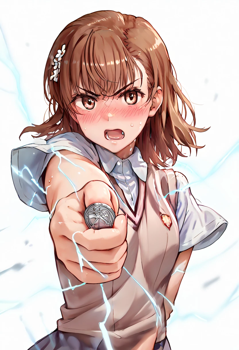 misaka mikoto,1girl,solo,tokiwadai school uniform,sweater vest,school uniform,hair ornament,short hair,hair flower, upper body,shirt,flower,perfect hands, perfect finger,perfect anatomy, masterpiece, best quality,realistic, hyperrealistic, 16k hdr,1 mature female,indoor,Research Institute,sweat,coin, holding coin, facing viewer, looking at the viewer, electricity, electrokinesis,(red blush,angry,open mouth:1.4),(strong wind:1.5)