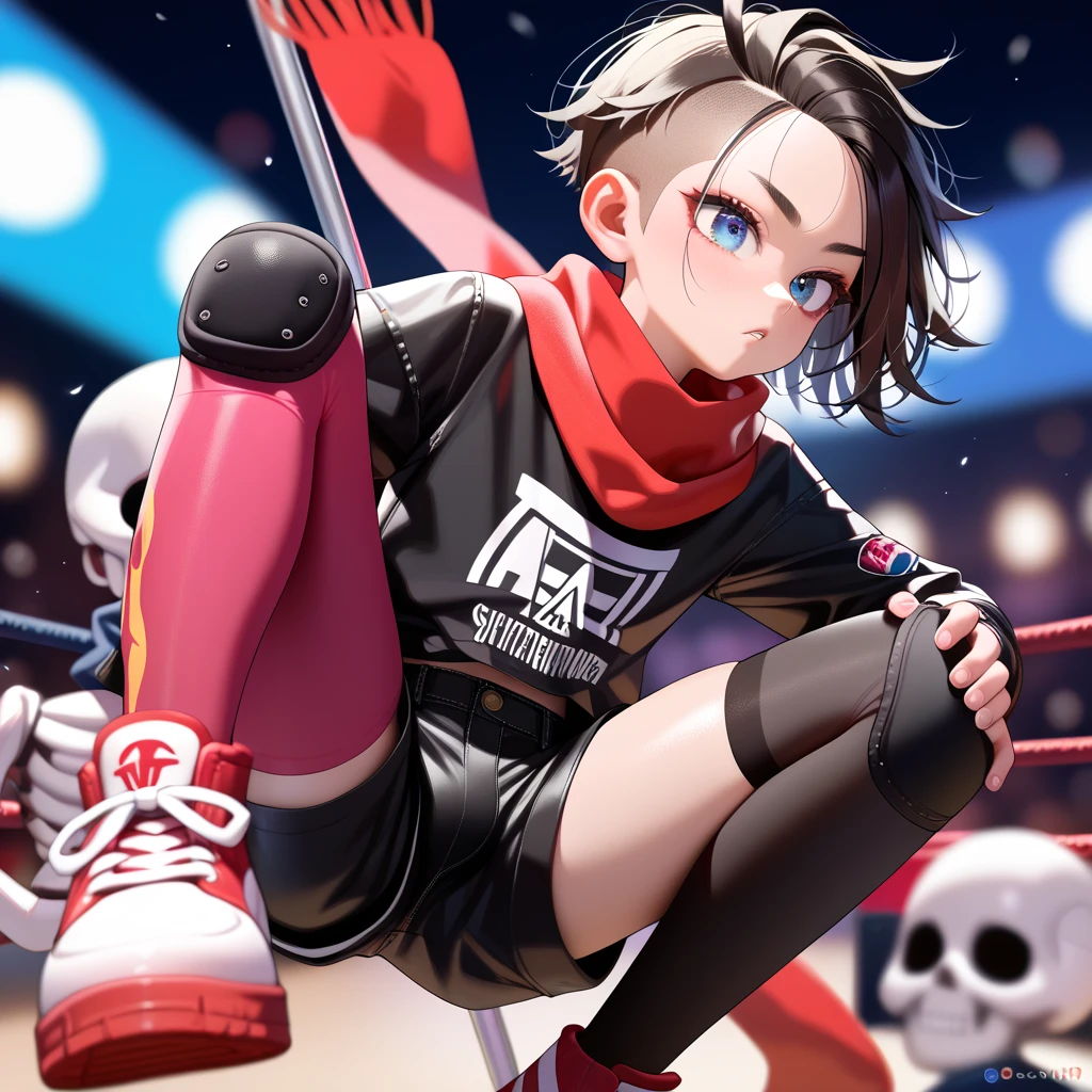 masterpiece, highest_quality, ultra_detailed, anime, depth_of_field, 1boy_focus, boy is (japanese_femboy, (black_hair, messy_hair, crew_cut, forehead_bangs, black_slant_eyes, close_set_low_eyebrows, large_ears), flat_chest, (skeleton_mask:1.5, oversized_shirts, (wide_leg_shorts, leggings):1.5, leather_shoes, legace, knee_pad, scarf):1.5, fighting_pose), five_fingers, detailed_face, full_of_details, holding_double_bladed_spear