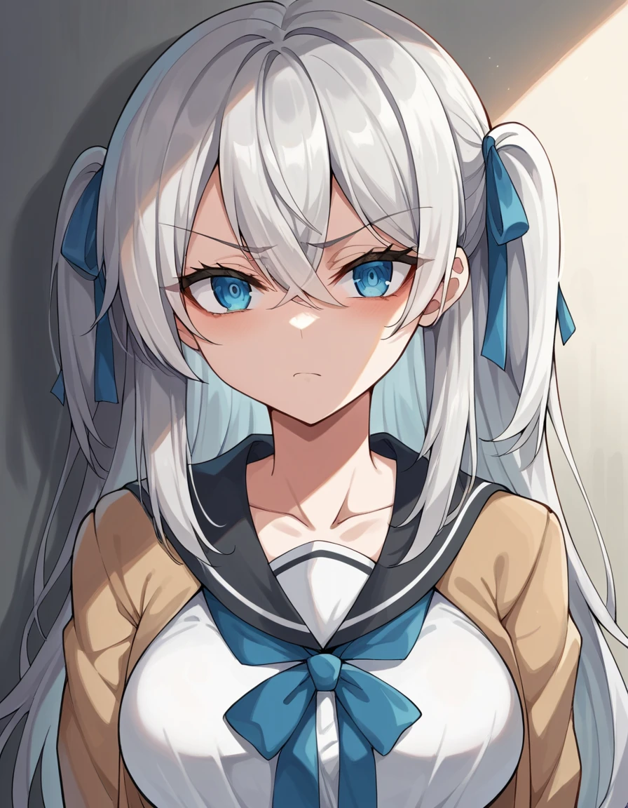 score_9, score_8_up, score_7_up,    source_Anime,     Alisa Mikhailovna Kujo   ,time々  next door Alya is speaking quietly in Russian,Alone,    long hair,      I can see my eyebrows through my hair,    hair between eyes,    Silver Hair, hair ribbon,    blue eyes, medium breasts,    school uniform,   Long Sleeve   ,    jacket,, two side up ,  Big Breasts,,    Disgust,    My clothes    , Shadow Face,    look down,  street,,    cowboy shot   , looking at viewer,    Dutch angle,   no panties,looking at viewer,  upper body