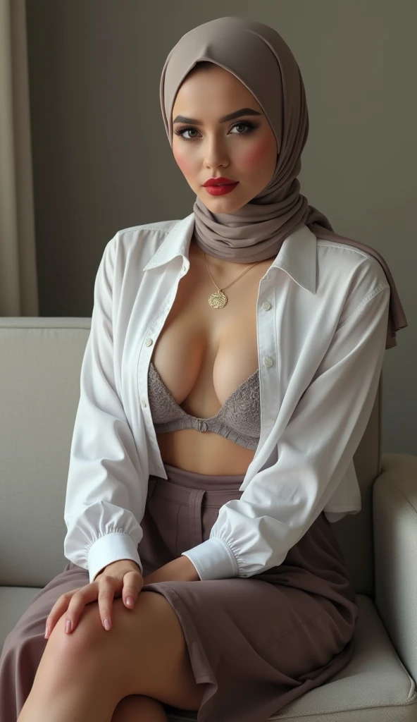 Beautiful fair skin matured indonesia girl in hijab sleep in bed, at manager boss room, innocent horny sexy face, 30 years old, horny pose, ultra detail face, detail skin texture and wrinkle, night time with light, wearing hijab, khaki color hijab, nude, medium breast, flat chest, wide waist, thick thighs, bright lighting, white lighting, dramatic lighting, high quality, cinematic movie shot angle and framing, wear bracelet or watch in both hand, wear gold luxury necklace, show her pubic hair, show vagina, seductive face, seductive lips, wet lips, open leg showing vagina, dense black pubic hair, horny face, spreading leg, squirting wet vagina, virgin pussy, orgasm vagina, focus on camera, wear unbutton khaki blazer that show breast, missionary position, shot from above, wear uplifted long skirt into waist showing vagina, khaki long skirt, hijab and cloth matching color, nude,