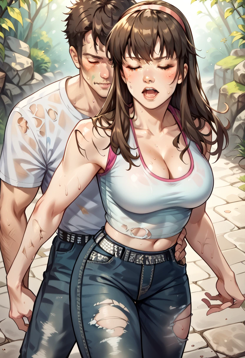 HitomiDOA, beautiful athletic 20 year old woman with pale skin and pretty face and ((long dark brown hair)) and medium round breasts and slender body wearing a tight white sleeveless crop top with pink trim and blue jeans and a pink hair band, ((cleavage showing)), standing outdoors, leaning back, eyes closed and mouth open, ((clothes ripped)), short ripped, sweaty, dirty, hurt, lots of skin showing through her clothes, ((head tilted back)), a male opponent standing behind the girl wearing black pants and no shirt is hugging the girl from behind with his hands on her chest