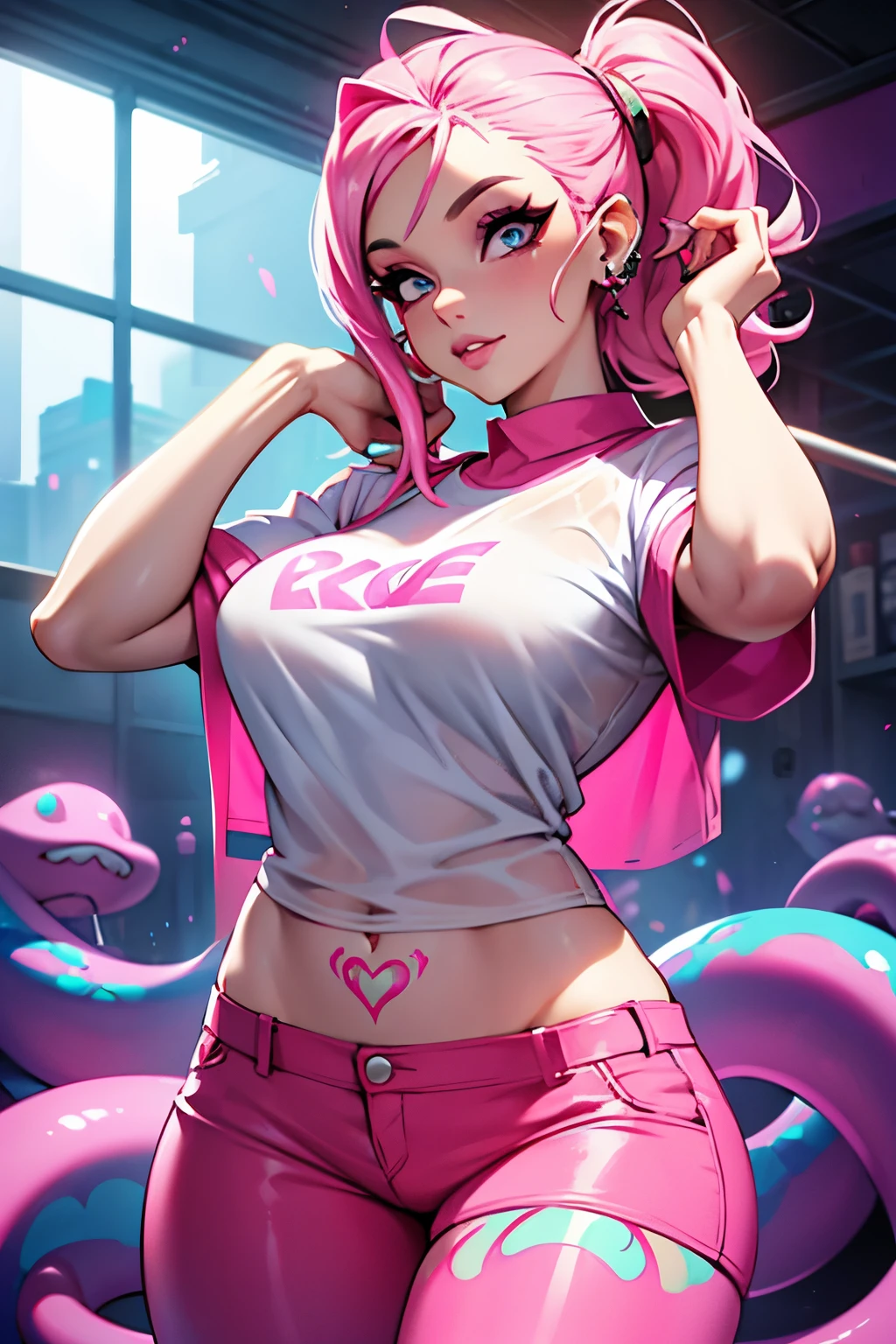 Monster Girl, Full Slime Body, colors neon, risa loca, malvada, arafed woman with tattoos and piercings posing in a pink shirt, bombshell, gorgeous female, cardi b, clothed in white shirt, fully tattooed body, gorgeous woman, official product photo, better known as amouranth, gorgeous beautiful woman, tattooed body, full product shot, amouranth, dressed in a pink t shirt, beautiful model