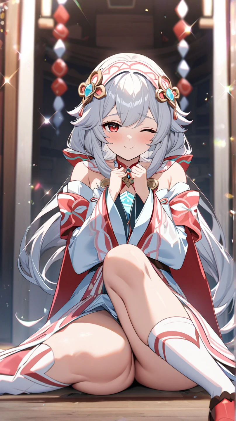 Alisa Mikhailovna Kujo,tomorrow, A friend of mine, There is, Planning a visit to Russia.、(Perfect Face, Detailed face, Beautiful Eyes,Perfect hands,Perfect Fingers)、Red face、((vapor))、hot、Maternal, feet, alone, 1 girl, Silver Hair,Long Hair, Red ribbon hair ornament,Thin hair ornament、Big eyes, Blushed、Dirty Face、Expressionless、 (masterpiece:1.2, Highest quality), (細かくてBeautiful Eyes: 1.2), (Beautiful and dense face), (Sharp facial hair between the eyes)、Underwear is visible、, grinding, Transparent panties、Large Breasts、Neon lighting、look up、whole body、I can see two o'clock
