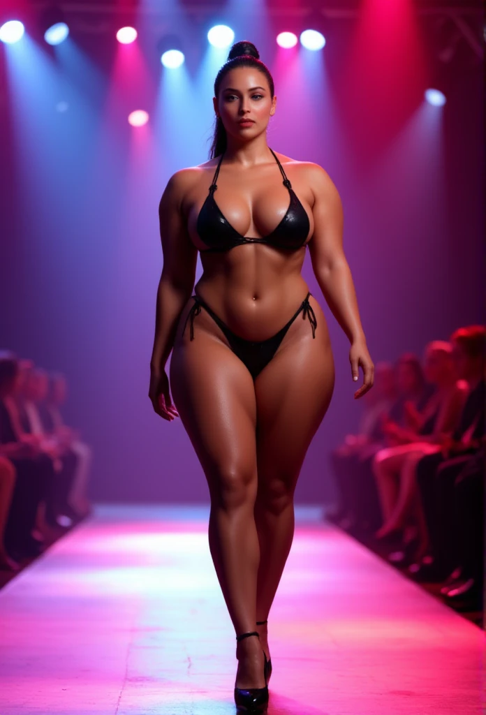 American tall woman, thick 40yo,athletic body,black hairbun in slingshot bikini and stocking, walking sexily in fashion show, bright lightings