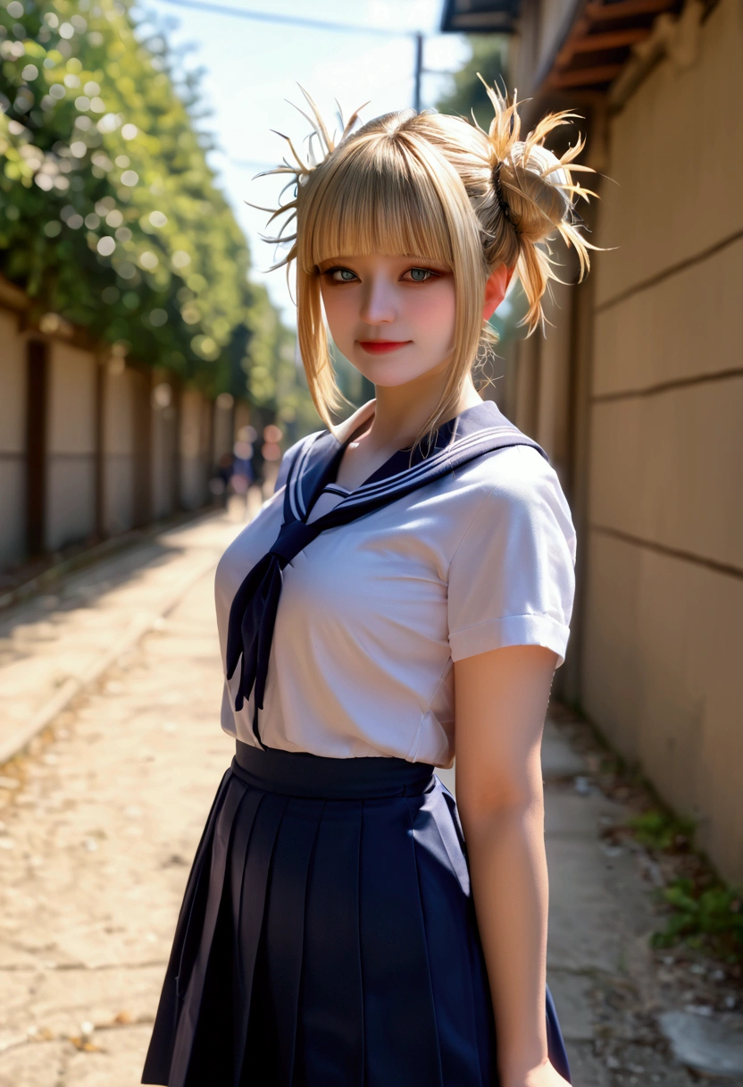 bmasterpiece、top-quality、hight resolution)、 Real life adaption for this character, Masterpiece, high quality, best lighting, cinematic, 1girl, Himiko Toga, blonde hair, (perfect body), ((schoolgirl uniform)), looking at viewer, standing, outdoors