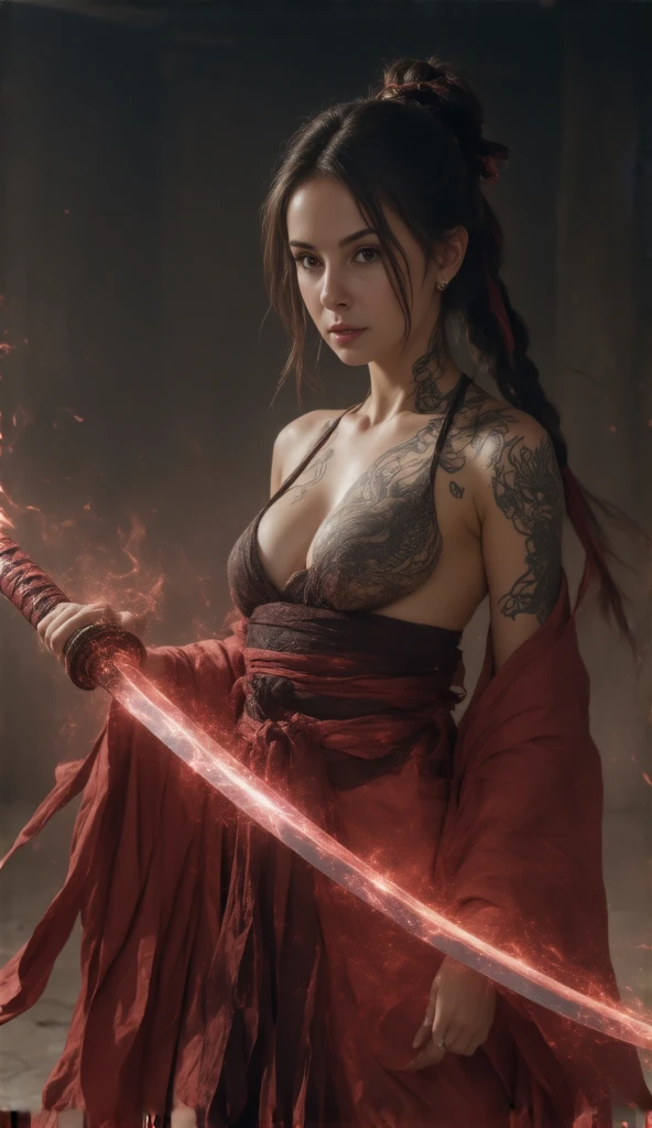 A fierce and confident woman with a glowing katana, dressed in a traditional red and black kimono with floral patterns. Her face and body are adorned with intricate dragon tattoos, and her piercing red eyes radiate intensity. The katana emits vibrant blue energy with sparks and lightning around it. Her hair flows wildly, illuminated by dramatic lighting that enhances the fiery and mystical atmosphere. The background features a subtle mix of darkness and faint ember-like effects, adding to the dramatic and fantasy-inspired mood. Color range - purple, Pink, Tons), UDR, ((Film grain)), ((rays)), (Glare), ((full body, front view)) , ultra detailed patterns on clothes.