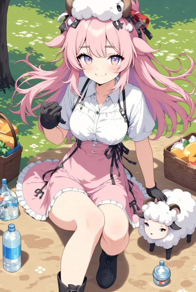 1girl,solo,cute,sheep girl,Pink and fluffy hair,thick eyebrows,large breasts
,BREAK animal ears,goat ears,blue eyes,Beautiful eyes,Thick eyebrows:1.4,embarrassed,blush
,BREAK frilled shirt,white shirt,short shorts,over-kneehighs,lace-up boots
,BREAK animal on head,looking up
,BREAK village