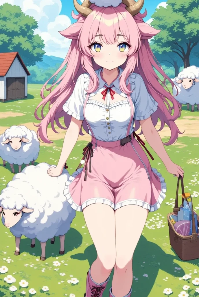 1girl,solo,cute,sheep girl,Pink and fluffy hair,thick eyebrows,large breasts
,BREAK animal ears,goat ears,blue eyes,Beautiful eyes,Thick eyebrows:1.4,embarrassed,blush
,BREAK frilled shirt,white shirt,short shorts,over-kneehighs,lace-up boots
,BREAK animal on head,looking up
,BREAK village