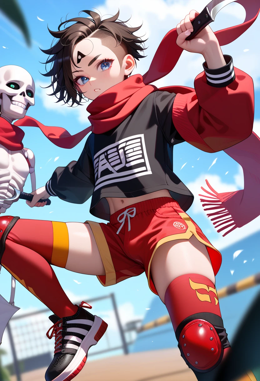 masterpiece, highest_quality, ultra_detailed, anime, depth_of_field, 1boy_focus, boy is (japanese_femboy, (black_hair, messy_hair, crew_cut, forehead_bangs, black_slant_eyes, close_set_low_eyebrows, large_ears), flat_chest, (skeleton_masks:1.5, oversized_shirts, (wide_leg_shorts, leggings):1.5, leather_shoes, legace, knee_pad, scarf):1.5, fighting_pose), five_fingers, detailed_face, full_of_details, holding_sickle, dual_wielding