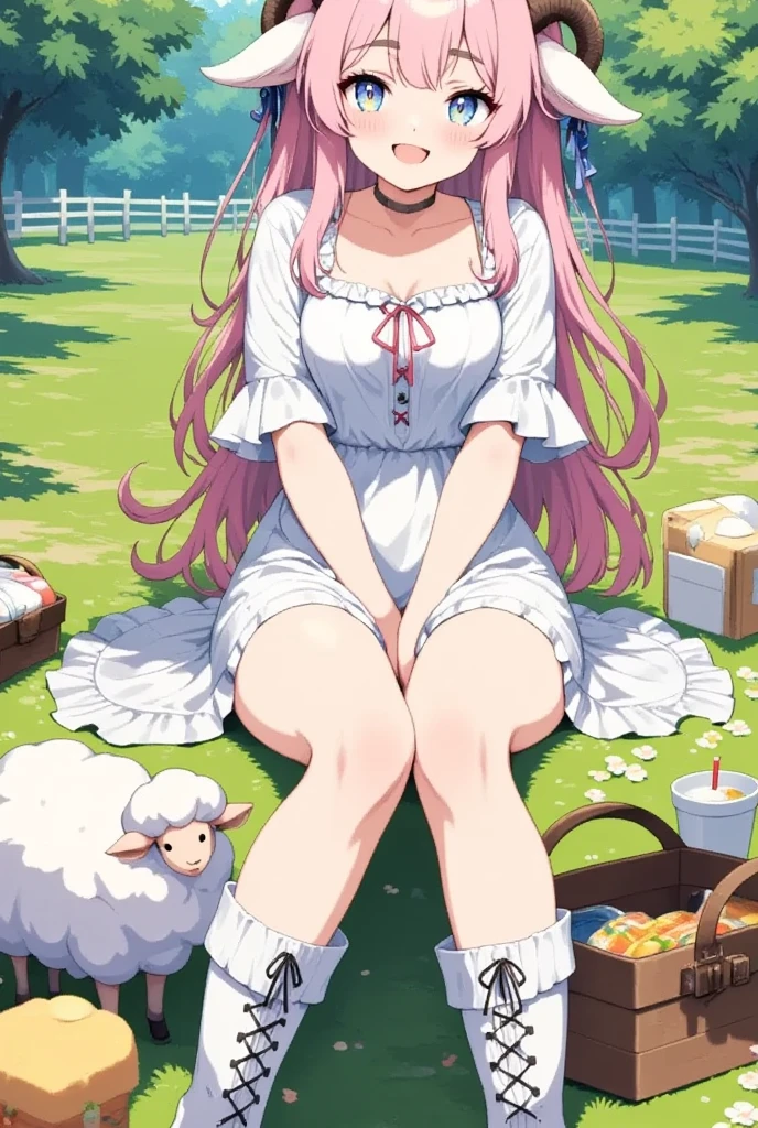 1girl,solo,cute,sheep girl,Pink and fluffy hair,thick eyebrows,large breasts
,BREAK animal ears,goat ears,blue eyes,Beautiful eyes,Thick eyebrows:1.4,embarrassed,blush
,BREAK frilled shirt,white shirt,short shorts,over-kneehighs,lace-up boots
,BREAK animal on head,looking up
,BREAK village