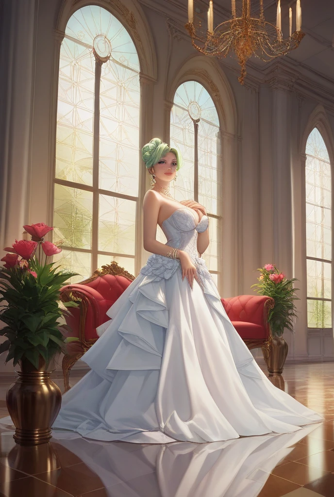 "An anime-style scene set in a luxurious environment. The setting is an opulent mansion with high ceilings adorned with crystal chandeliers. The room is richly decorated with intricate gold detailing on the walls and large, floor-to-ceiling windows that offer a breathtaking view of a lush garden outside. The floor is made of polished marble, reflecting the soft, warm glow of the lighting. The room features lavish furniture, including a grand sofa, elegant tables, and decorative plants, all contributing to a serene and sophisticated atmosphere in this magnificent space."