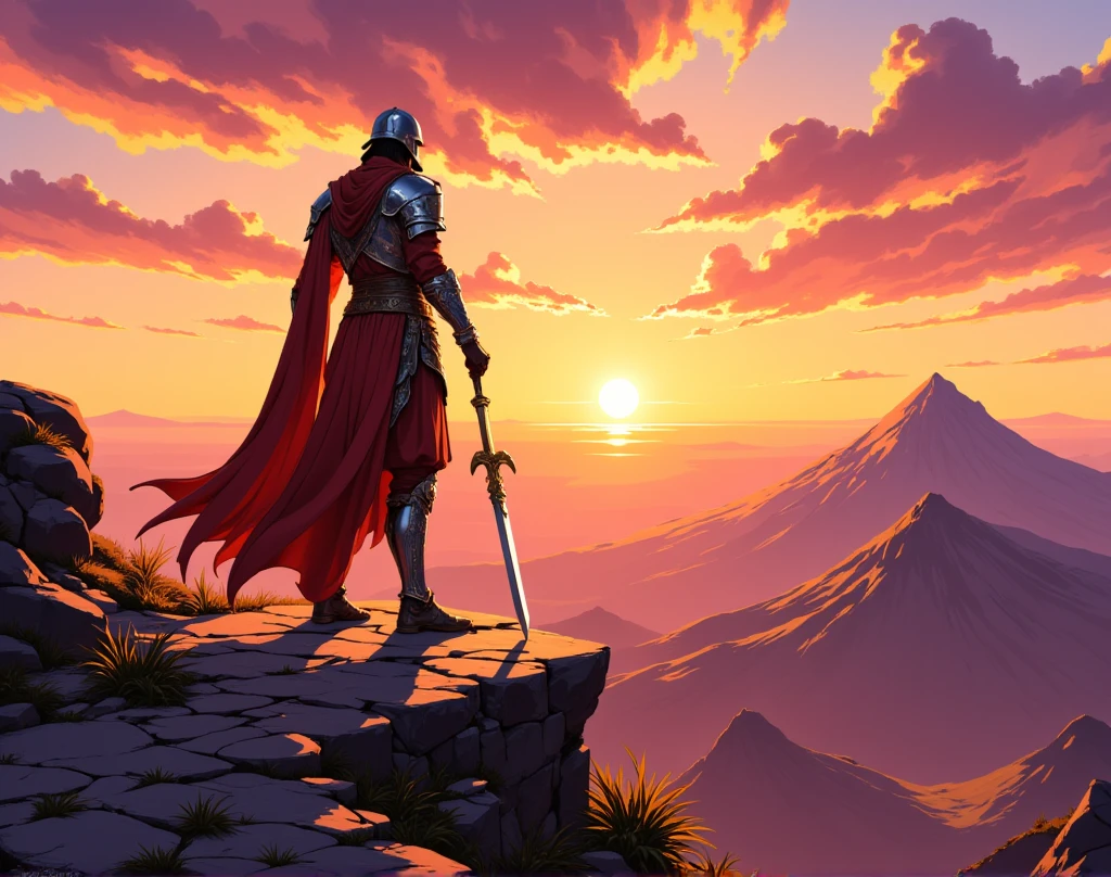 Portrait of an ancient warrior in shiny armor, standing on a mountain top looking into the distance, the sunset light shining from behind, creating strong shadows, drawn in anime cartoon style, with sharp details and bright colors.