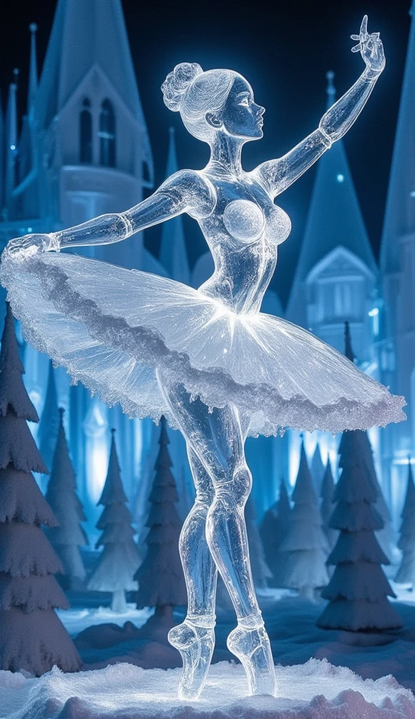 A giant ice sculpture of a ballerina shot from a low angle. It is shine with light where it reflects slight rainbow color like a diamond. It is displayed beautifully in an ice castle, where the environment is filled with bright cool colors such as blue and white.