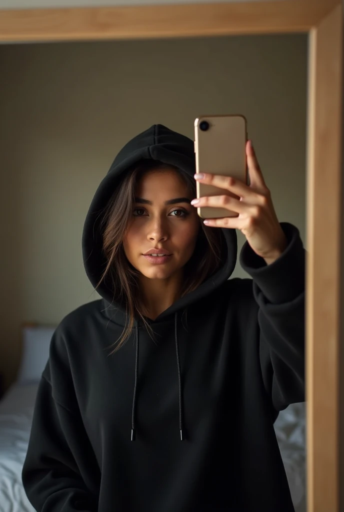 Sexy girl with long black hair wearing a black hooded face mask and a black sweater taking a selfie in the mirror looking sideways and her foot bandaged with a plaster