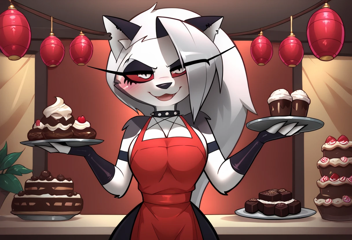 Loona (Helluva Boss), hellhound, red sclera, dressed as a glamorous chocolatier, wearing a snug, chocolate-brown apron with a golden embroidered logo over a cream-colored blouse, paired with matching gloves. She poses in a rustic yet charming chocolate shop, holding a tray of intricately crafted truffles and bonbons, decorated with gold leaf and vibrant patterns. Some chocolate smudges playfully dot her cheek and apron. The background showcases shelves filled with fine chocolates, cocoa beans, and an array of confections, all illuminated by warm, inviting lighting. Masterpiece, highly detailed, cinematic lighting, vibrant colors, smooth textures.