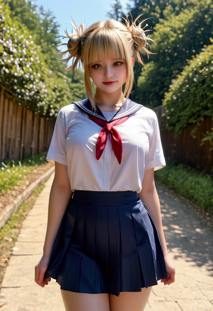 bmasterpiece、top-quality、hight resolution)、 Real life adaption for this character, Masterpiece, high quality, best lighting, cinematic, 1girl, Himiko Toga, blonde hair, (perfect body), ((schoolgirl uniform)), looking at viewer, standing, outdoors