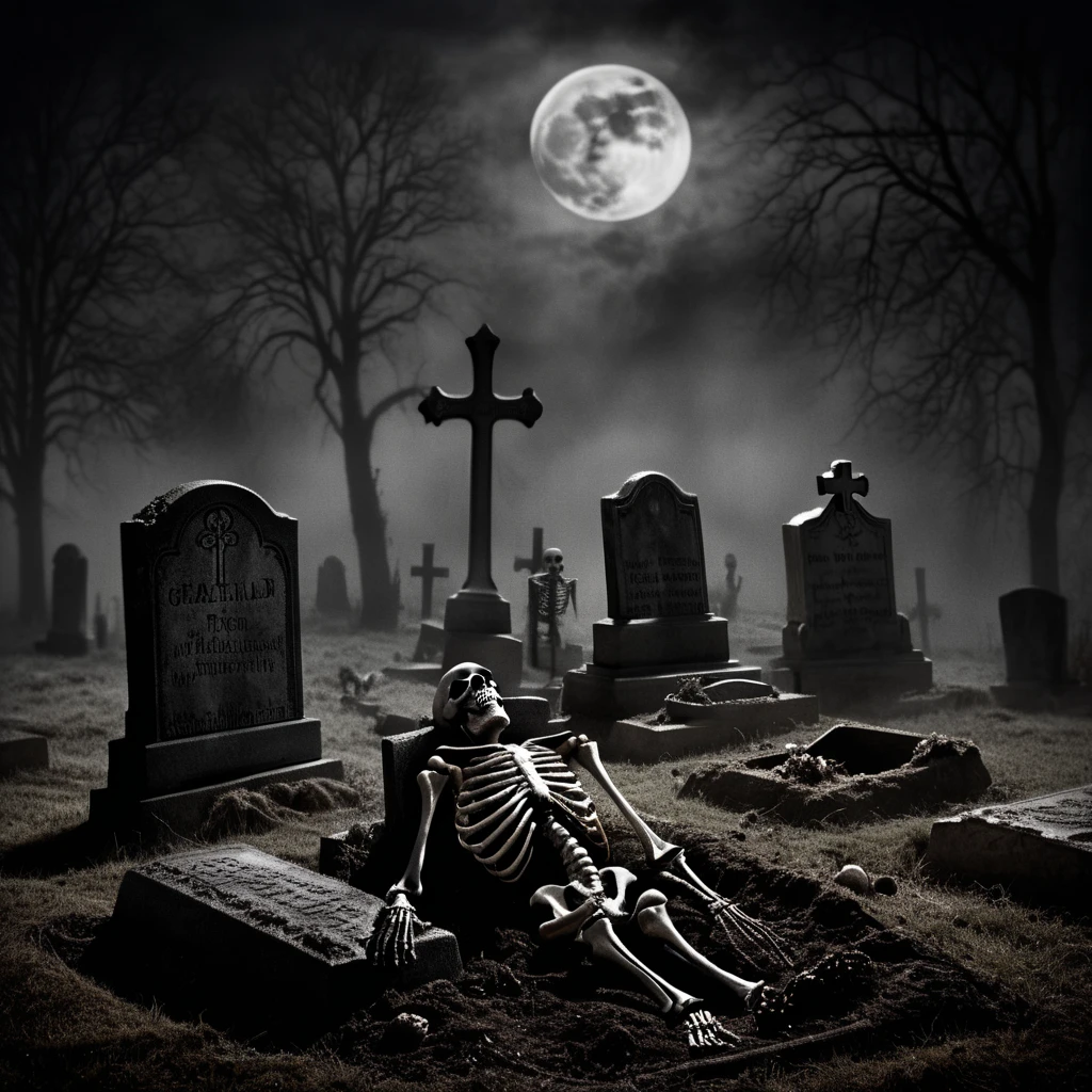 A dark, eerie cemetery at night, with three skeletons emerging from graves. The skeletons are partially buried, their bony arms and skulls breaking through the dirt. Tombstones surround them, and the ground is covered in thick fog. The atmosphere is gothic and haunting, with dim moonlight casting eerie shadows. No humans are present, only the skeletons and the foggy graveyard. 
Keywords: (skeletons emerging from graves:1.5), (graveyard:1.4), (foggy atmosphere:1.3), (moonlight:1.2), (tombstones:1.2), (gothic horror:1.3), (dark lighting:1.2)