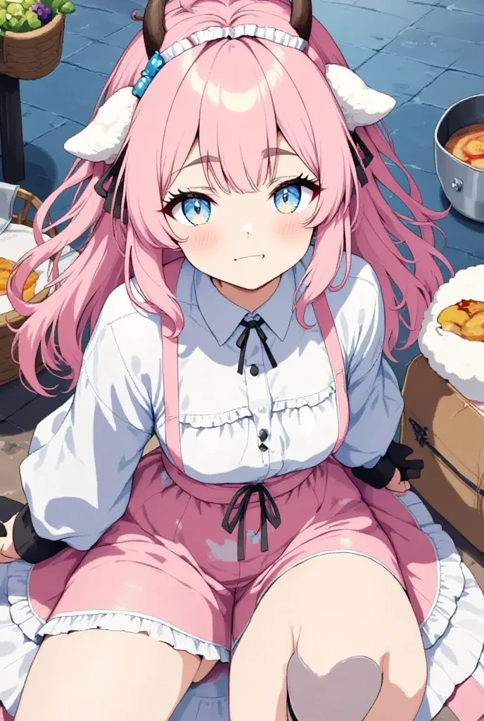 1girl,solo,cute,sheep girl,Pink and fluffy hair,thick eyebrows,large breasts
,BREAK animal ears,goat ears,blue eyes,Beautiful eyes,Thick eyebrows:1.4,embarrassed,blush
,BREAK frilled shirt,white shirt,short shorts,over-kneehighs,lace-up boots
,BREAK animal on head,looking up,low-angle view
,BREAK village