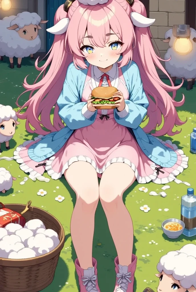 1girl,solo,cute,sheep girl,Pink and fluffy hair,thick eyebrows,large breasts
,BREAK animal ears,goat ears,blue eyes,Beautiful eyes,Thick eyebrows:1.4,embarrassed,blush
,BREAK frilled shirt,white shirt,short shorts,over-kneehighs,lace-up boots
,BREAK animal on head,looking up,low-angle view
,BREAK village