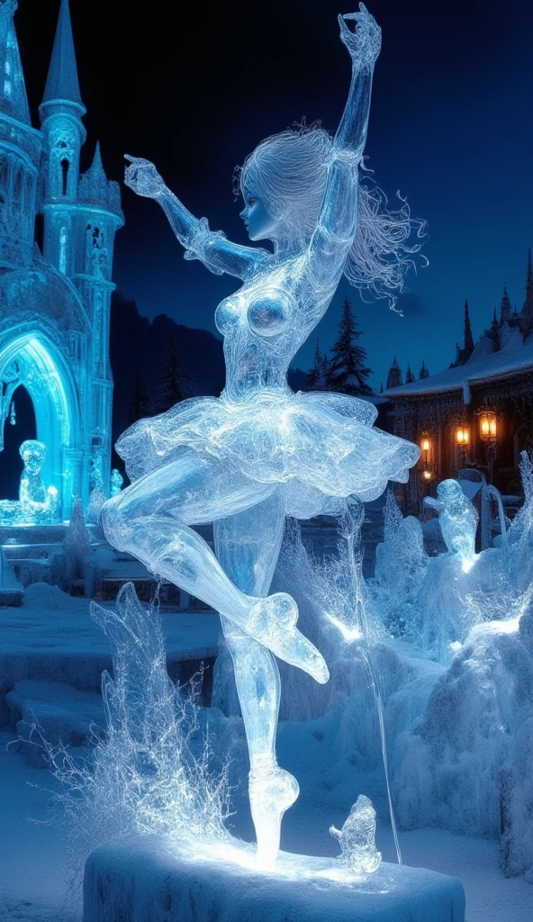 A giant ice sculpture of a ballerina shot from a low angle. It is shine with light where it reflects slight rainbow color like a diamond. It is displayed beautifully in an ice castle, where the environment is filled with bright cool colors such as blue and white.