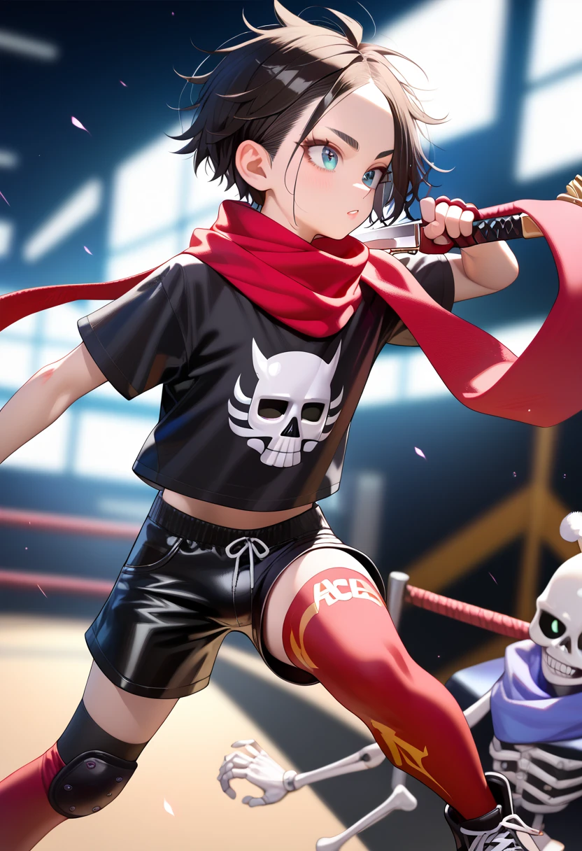 masterpiece, highest_quality, ultra_detailed, anime, depth_of_field, 1boy_focus, boy is (japanese_femboy, (black_hair, messy_hair, crew_cut, forehead_bangs, black_slant_eyes, close_set_low_eyebrows, large_ears), flat_chest, (skeleton_masks:1.5, oversized_shirts, (wide_leg_shorts, leggings):1.5, leather_shoes, legace, knee_pad, scarf):1.5, fighting_pose), five_fingers, detailed_face, full_of_details, holding_sickle, dual_wielding