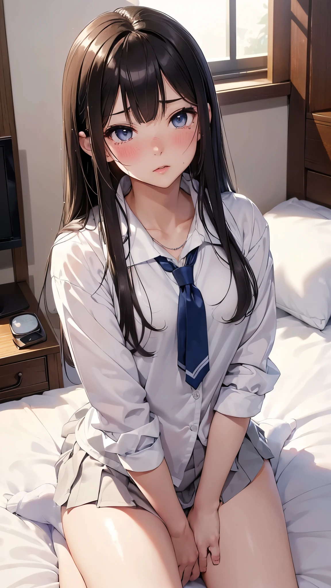 ( masterpiece : 1.3), (Maximum resolution: 1.2), (Ultra HDTV: 1.2), Cinematic Light, 8k resolution, 詳細なfaceの特徴 , ( Concentration : 1.2), ( face :1.2), perfect style, 美しいface, Acura, anatomically accurate , きめ細やかなfaceと肌の質感 , beautiful eyes , beautiful eyes , thin eyebrows, glitter eyeliner to focus on chest and face : 1 Natural blush, skin growth , white skin: 1.2, ( glossy lips : 1.4),、 ( looks embarrassed : 1.2), きめ細やかなfaceと肌の質感 , Natural blush, , glossy lips : 1.4, perfect style、 、 soft breasts、(Chest shot :2.5)( Thigh Cream - Above Thighs :3.2)、 、 虎猫を抱いた Obsessed with Being Raped by a Disgusting Man 、 Obsessed with Being Raped by a Disgusting Man 、 looks embarrassed、Glare、anger、sorrow、tears、Open your knees、 feet 、 white underwear、 white bra 、 Small Sparkling Earrings and Necklaces 、 Disheveled clothes 、 white panties、 Grab my chest 、Thin underwear、 stockings 、Rin Shibuya、18 years old, Neat Outfit ,1 person、 Stretching my chest , Old bedroom、 on the bed、(return, ベッドに lies down, ベッドに lies downいる, lies down, White sheets:1.3)、Blue-gray eyes 、 Greenish Grey Eyes ,( high school uniform :1.3)、 sticks to human masturbation 、 Masturbation behavior、 masturbation 、