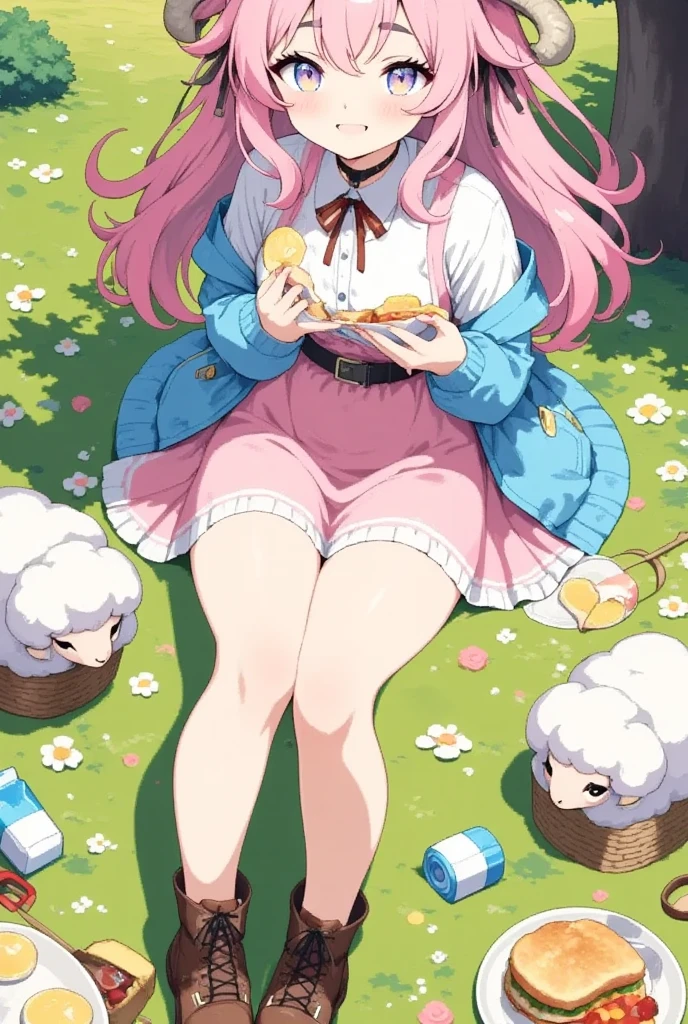 1girl,solo,cute,sheep girl,Pink and fluffy hair,thick eyebrows,large breasts
,BREAK animal ears,goat ears,blue eyes,Beautiful eyes,Thick eyebrows:1.4,embarrassed,blush
,BREAK frilled shirt,white shirt,short shorts,over-kneehighs,lace-up boots
,BREAK animal on head,looking up,cheek pinching
,BREAK village